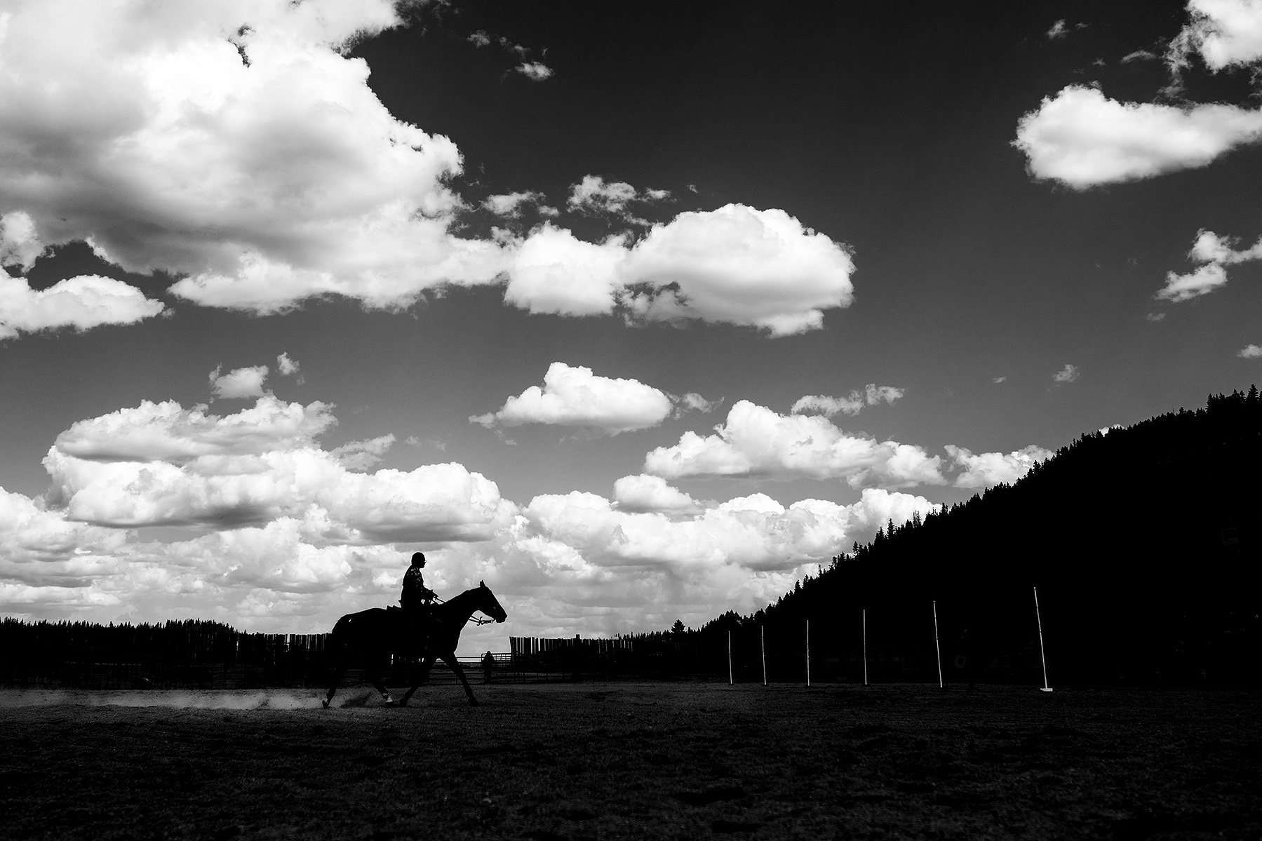 Billie riding across the arena under a big western sky