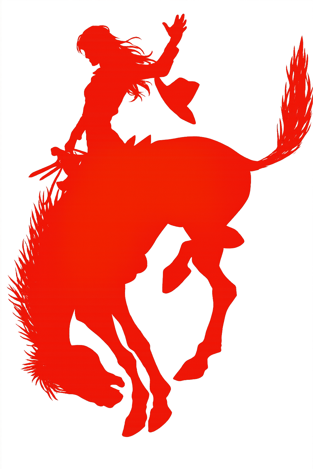 Red silhouette of a cowgirl riding a bucking bronco
