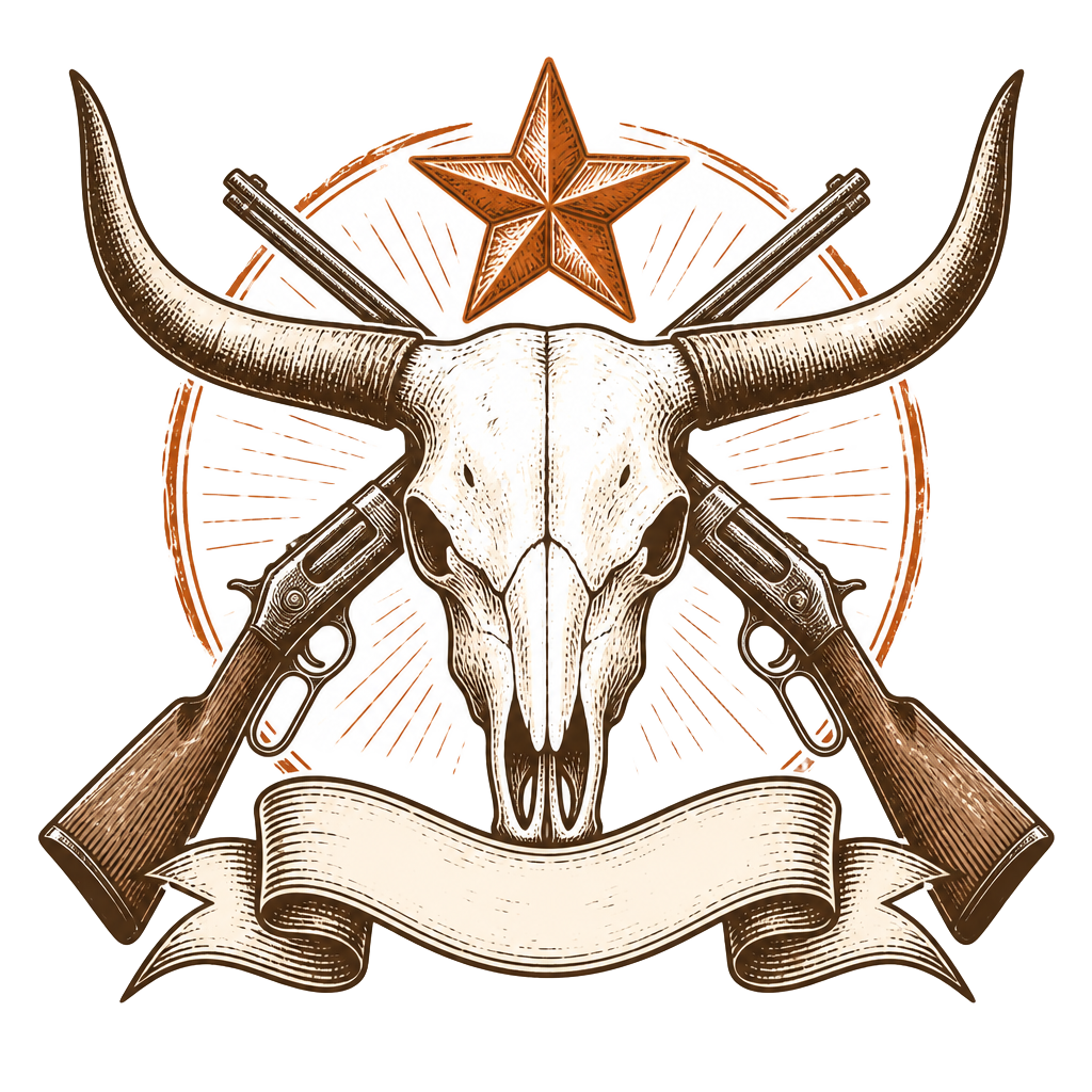 Hand-drawn western badge with longhorn skull, crossed rifles, and star