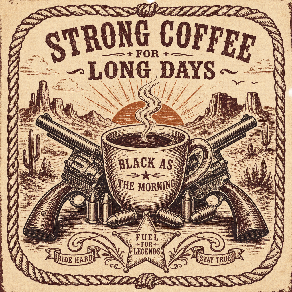 Western badge with steaming coffee cup and crossed revolvers reading Strong Coffee For Long Days