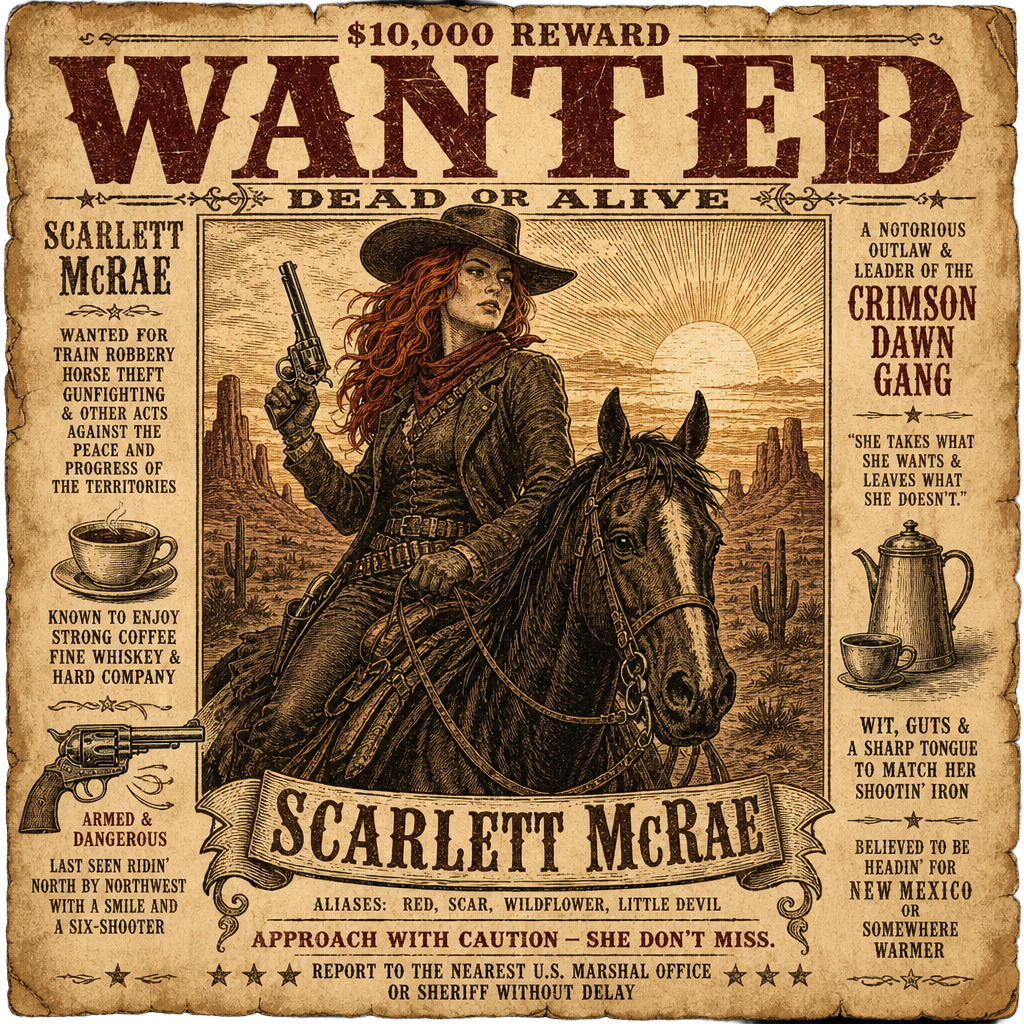 Vintage wanted poster style illustration of Rodeo Red, a red-haired outlaw cowgirl on horseback at sunrise